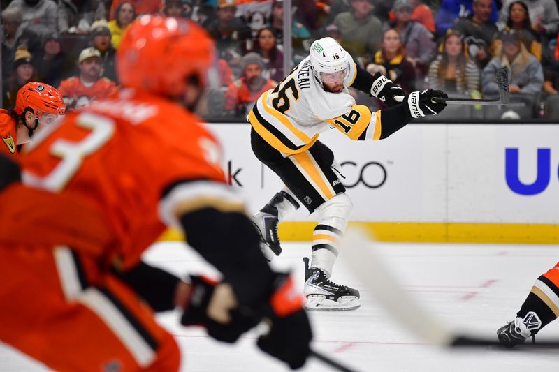 Oct 14, 2025; Anaheim, California, USA; Pittsburgh Penguins right wing Justin Brazeau (16) moves in for a shot against the Anaheim Ducks during the first period at Honda Center. Mandatory Credit: Gary A. Vasquez-Imagn Images