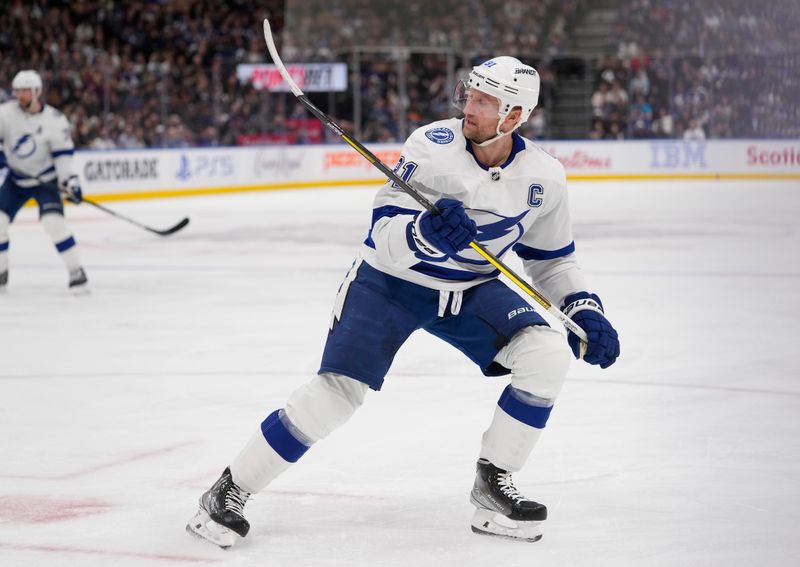 Apr 3, 2024; Toronto, Ontario, CAN; Tampa Bay Lightning forward Steven Stamkos (91) during the third period against the Toronto Maple Leafs at Scotiabank Arena. Mandatory Credit: John E. Sokolowski-USA TODAY Sports