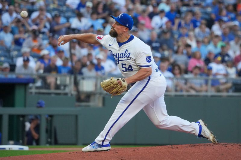 Jun 12, 2024; Kansas City, Missouri, USA; Kansas City Royals starting pitcher Dan Altavilla (54) delivers a pitch against the New York Yankees in the first inning at Kauffman Stadium. Mandatory Credit: Denny Medley-USA TODAY Sports