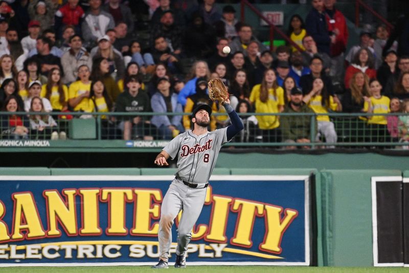 May 30, 2024; Boston, Massachusetts, USA; Detroit Tigers right field Matt Vierling (8) catches a fly ball for an out against the Boston Red Sox during the seventh inning at Fenway Park. Mandatory Credit: Eric Canha-USA TODAY Sports