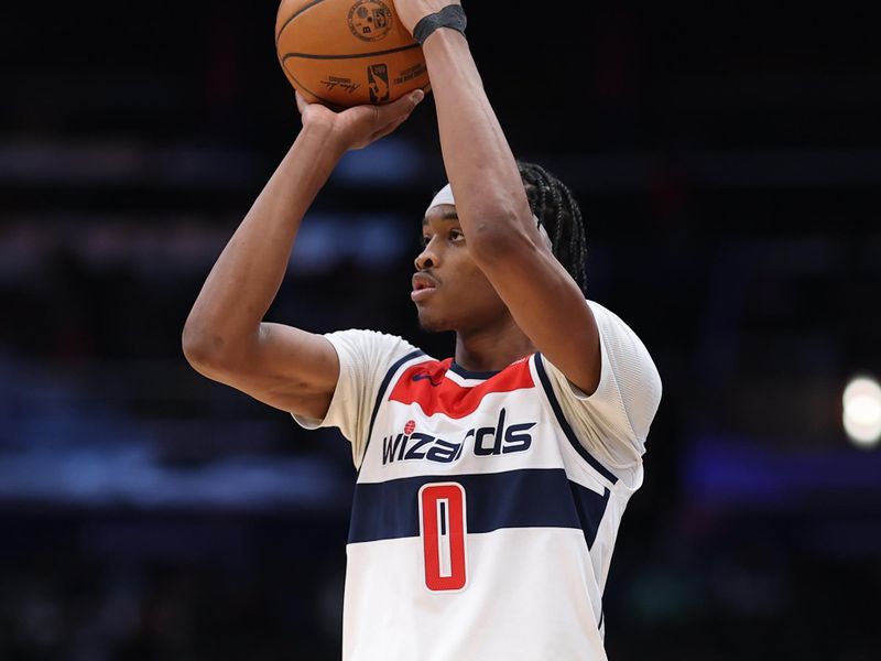 WASHINGTON, DC - JANUARY 12: Bilal Coulibaly #0 of the Washington Wizards shoots the ball against the Oklahoma City Thunder during the second half at Capital One Arena on January 12, 2025 in Washington, DC. NOTE TO USER: User expressly acknowledges and agrees that, by downloading and or using this photograph, User is consenting to the terms and conditions of the Getty Images License Agreement. (Photo by Patrick Smith/Getty Images)