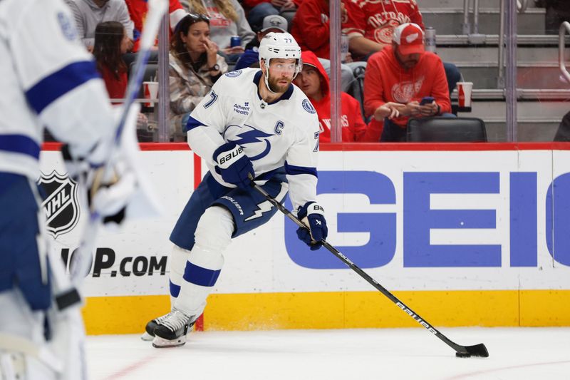 Oct 17, 2025; Detroit, Michigan, USA; Tampa Bay Lightning defenseman Victor Hedman (77) handles the puck during the second period against the Detroit Red Wings at Little Caesars Arena. Mandatory Credit: Brian Bradshaw Sevald-Imagn Images