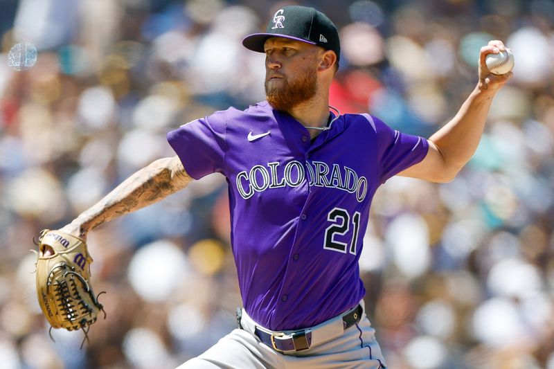 Apr 13, 2025; San Diego, California, USA; Colorado Rockies starting pitcher Kyle Freeland (21) throws a pitch during the first inning against against the San Diego Padres at Petco Park. Mandatory Credit: David Frerker-Imagn Images
