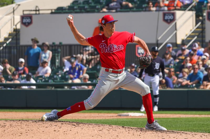 Feb 25, 2023; Lakeland, Florida, USA; Philadelphia Phillies pitcher Jeremy Walker (63) throws a pitch during the fifth inning against the Detroit Tigers at Publix Field at Joker Marchant Stadium. Mandatory Credit: Mike Watters-USA TODAY Sports