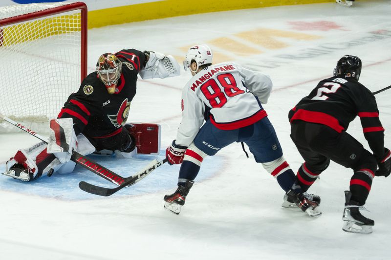 Jan 16, 2025; Ottawa, Ontario, CAN; Ottawa Senators goalie Leevi Merilainen (1) makes a save on a shot from Washington Capitals left wing Andrew Mangiapane (88) in the third period at the Canadian Tire Centre. Mandatory Credit: Marc DesRosiers-Imagn Images