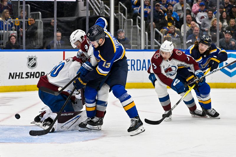 Mar 19, 2024; St. Louis, Missouri, USA;  St. Louis Blues right wing Alexey Toropchenko (13) shoots and scores against Colorado Avalanche goaltender Justus Annunen (60) during the second period at Enterprise Center. Mandatory Credit: Jeff Curry-USA TODAY Sports