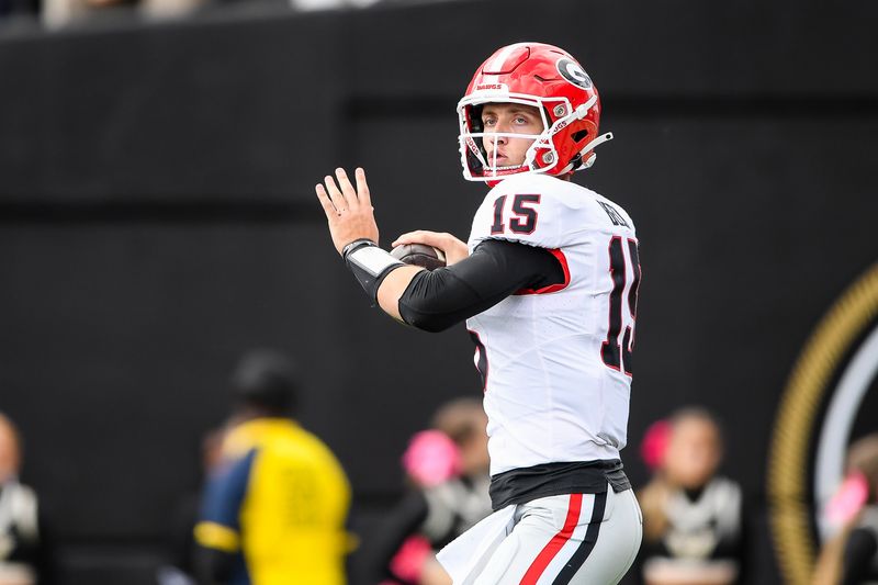 Oct 14, 2023; Nashville, Tennessee, USA;  Georgia Bulldogs quarterback Carson Beck (15) throws a pass against the Vanderbilt Commodores during the second half at FirstBank Stadium. Mandatory Credit: Steve Roberts-USA TODAY Sports
