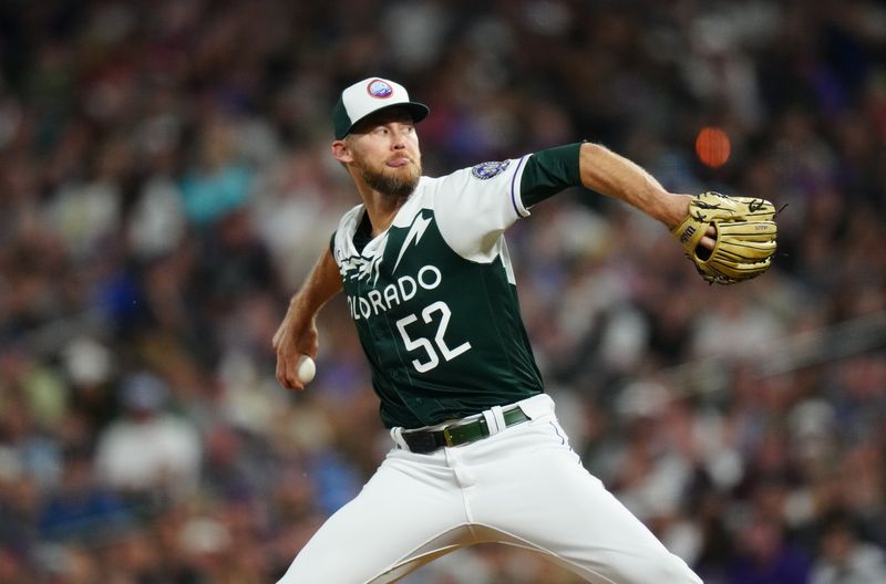 Jul 1, 2023; Denver, Colorado, USA; Colorado Rockies relief pitcher Daniel Bard (52) delivers a pitch in the ninth inning against the Detroit Tigers at Coors Field. Mandatory Credit: Ron Chenoy-USA TODAY Sports