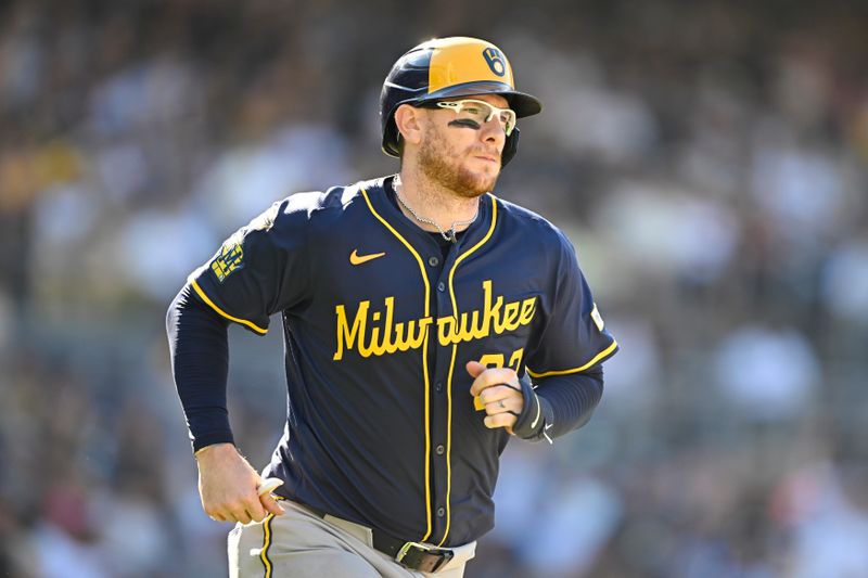 Sep 24, 2025; San Diego, California, USA; Milwaukee Brewers catcher Danny Jansen (33) rounds the bases after hitting a solo home run during the ninth inning against the San Diego Padres at Petco Park. Mandatory Credit: Denis Poroy-Imagn Images