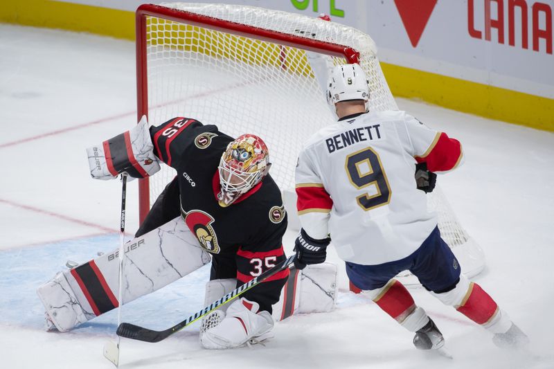 Oct 10, 2024; Ottawa, Ontario, CAN; Ottawa Senators goalie Linus Ullmark (35) makes a save in front of Florida Panthers center Sam Bennett (9) in the third period at the Canadian Tire Centre. Mandatory Credit: Marc DesRosiers-Imagn Images