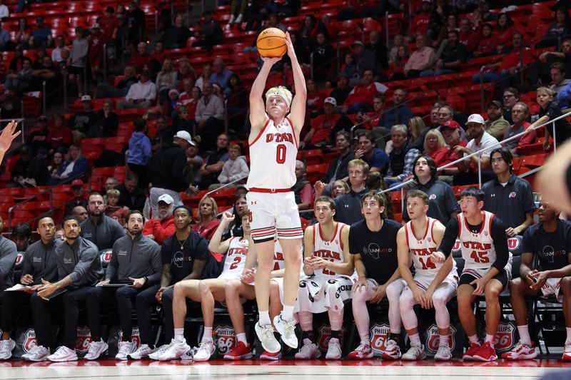 Dec 5, 2023; Salt Lake City, Utah, USA; Utah Utes guard Hunter Erickson (0)shoots against the Southern Utah Thunderbirds during the second half at Jon M. Huntsman Center. Mandatory Credit: Rob Gray-USA TODAY Sports