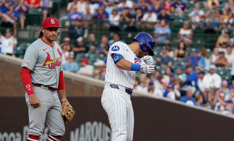Aug 4, 2024; Chicago, Illinois, USA; Chicago Cubs outfielder Mike Tauchman (40) gestures after hitting a double against the St. Louis Cardinals during the fourth inning at Wrigley Field. Mandatory Credit: David Banks-USA TODAY Sports