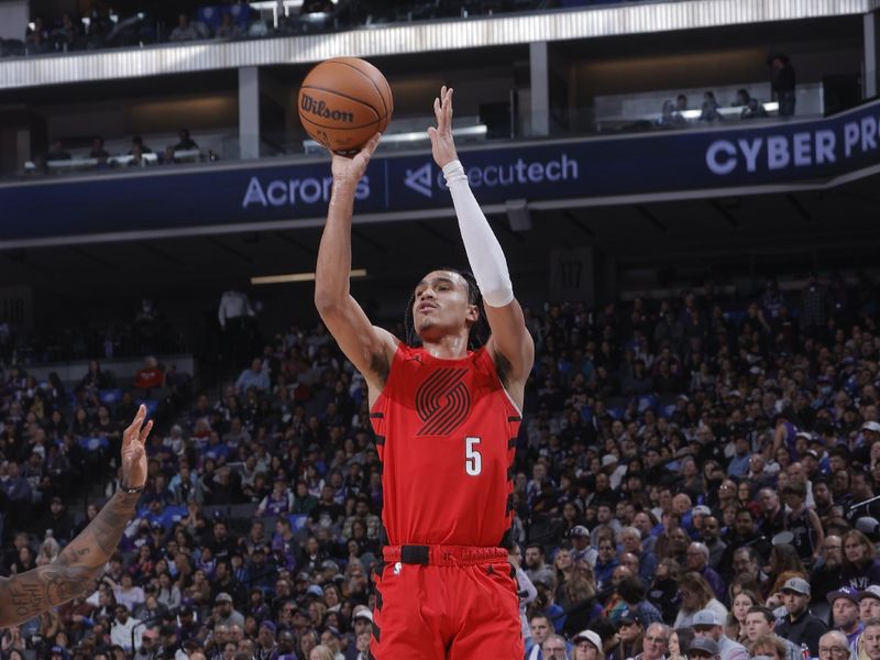 SACRAMENTO, CA - APRIL 14:  Dalano Banton #5 of the Portland Trail Blazers shoots a 3-point basket during the game  on April 14, 2024 at Golden 1 Center in Sacramento, California. NOTE TO USER: User expressly acknowledges and agrees that, by downloading and or using this Photograph, user is consenting to the terms and conditions of the Getty Images License Agreement. Mandatory Copyright Notice: Copyright 2024 NBAE (Photo by Rocky Widner/NBAE via Getty Images)