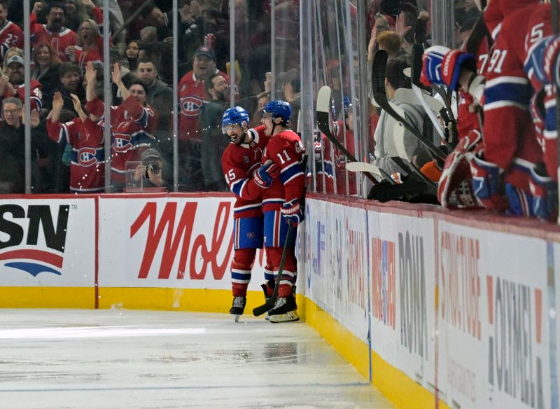 Apr 5, 2025; Montreal, Quebec, CAN; Montreal Canadiens forward Brendan Gallagher (11) celebrates after scoring a goal against the Philadelphia Flyers during the third period at the Bell Centre. Mandatory Credit: Eric Bolte-Imagn Images