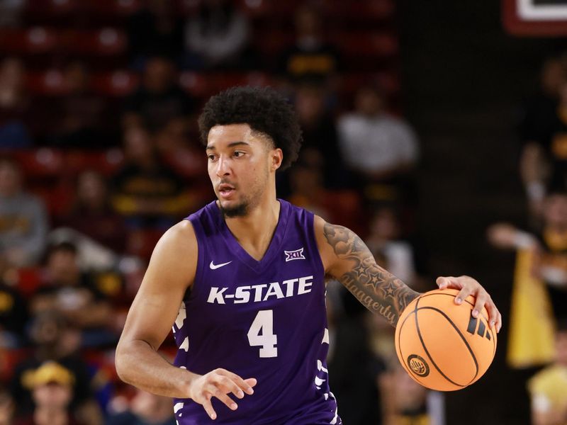 Jan 10, 2026; Tempe, Arizona, USA; Kansas State Wildcats guard P.J. Haggerty (4) against the Arizona State Sun Devils in the first half at Desert Financial Arena. Mandatory Credit: Mark J. Rebilas-Imagn Images
