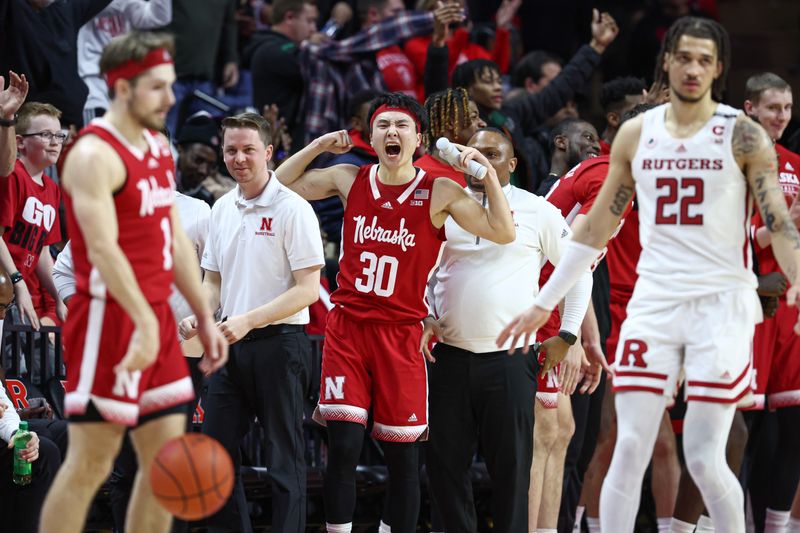 Feb 14, 2023; Piscataway, New Jersey, USA; Nebraska Cornhuskers guard Keisei Tominaga (30) reacts after the game against the Rutgers Scarlet Knights at Jersey Mike's Arena. Mandatory Credit: Vincent Carchietta-USA TODAY Sports