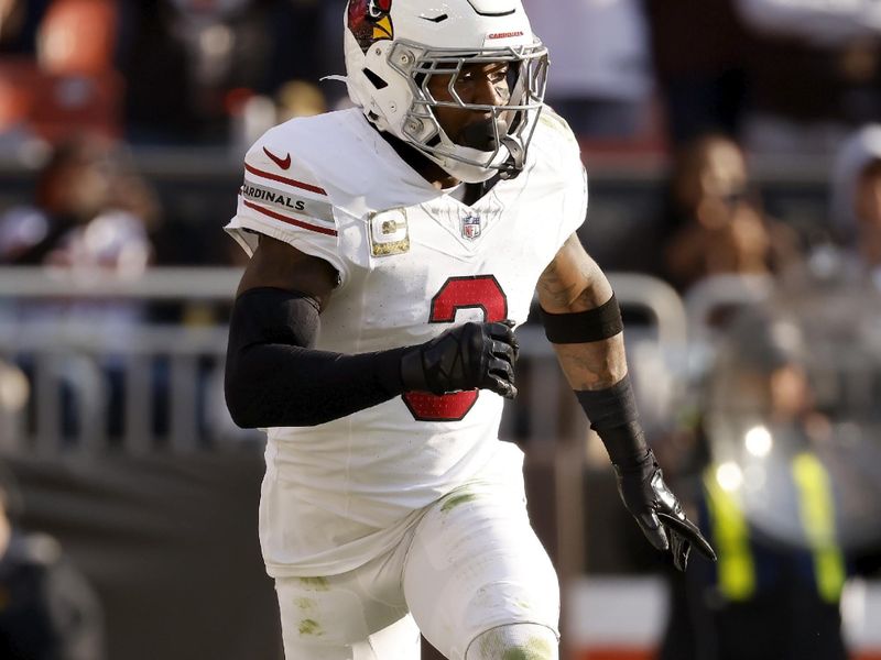 Arizona Cardinals safety Budda Baker (3) runs after the ball during an NFL football game against the Cleveland Browns, Sunday, Nov. 5, 2023, in Cleveland. (AP Photo/Kirk Irwin)