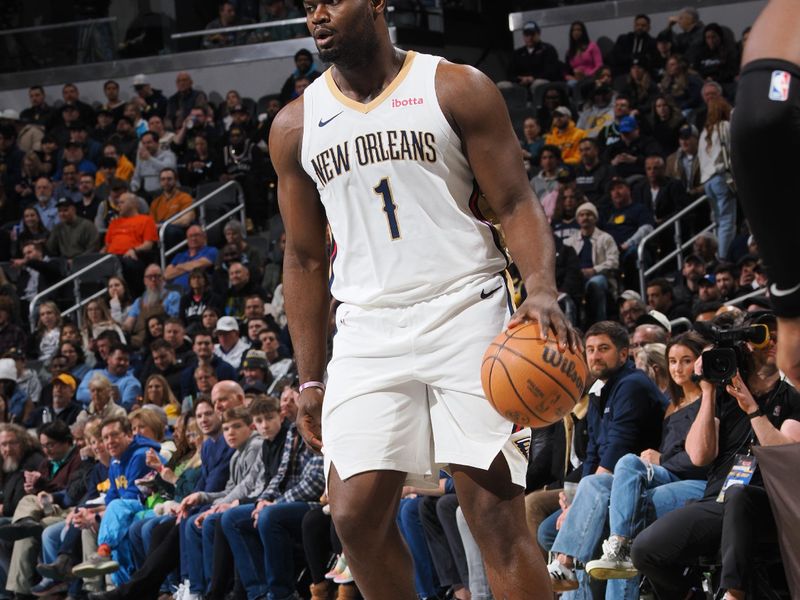 INDIANAPOLIS, IN - FEBRUARY 28: Zion Williamson #1 of the New Orleans Pelicans handles the ball during the game against the Indiana Pacers on February 28, 2024 at Gainbridge Fieldhouse in Indianapolis, Indiana. NOTE TO USER: User expressly acknowledges and agrees that, by downloading and or using this Photograph, user is consenting to the terms and conditions of the Getty Images License Agreement. Mandatory Copyright Notice: Copyright 2024 NBAE (Photo by Ron Hoskins/NBAE via Getty Images)