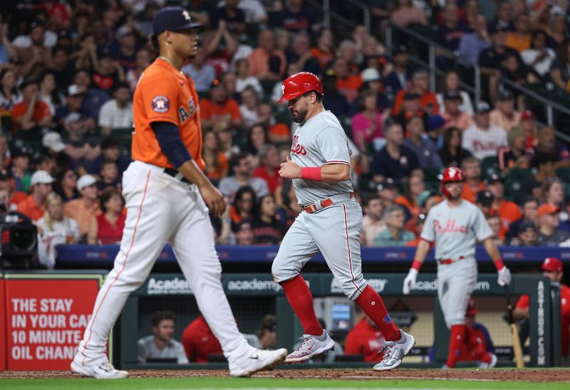 Apr 30, 2023; Houston, Texas, USA; Houston Astros relief pitcher Bryan Abreu (52) reacts as Philadelphia Phillies left fielder Kyle Schwarber (12) scores a run during the eighth inning at Minute Maid Park. Mandatory Credit: Troy Taormina-USA TODAY Sports