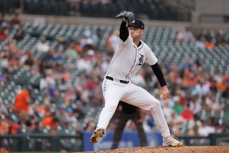 Aug 29, 2024; Detroit, Michigan, USA;  Detroit Tigers pitcher Joey Wentz (43) pitches in the sixth inning against the Los Angeles Angels at Comerica Park. Mandatory Credit: Rick Osentoski-USA TODAY Sports