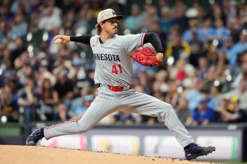 May 16, 2025; Milwaukee, Wisconsin, USA;  Minnesota Twins pitcher Joe Ryan (41) throws a pitch during the first inning against the Milwaukee Brewers at American Family Field. Mandatory Credit: Jeff Hanisch-Imagn Images