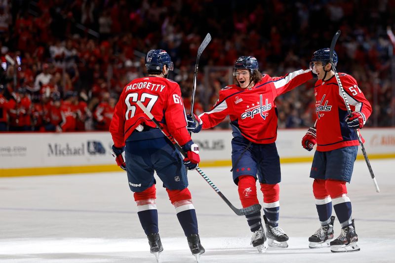 Apr 13, 2024; Washington, District of Columbia, USA; Washington Capitals left wing Sonny Milano (15) celebrates with teammates after scoring a goal against the Tampa Bay Lightning in the first period at Capital One Arena. Mandatory Credit: Geoff Burke-USA TODAY Sports