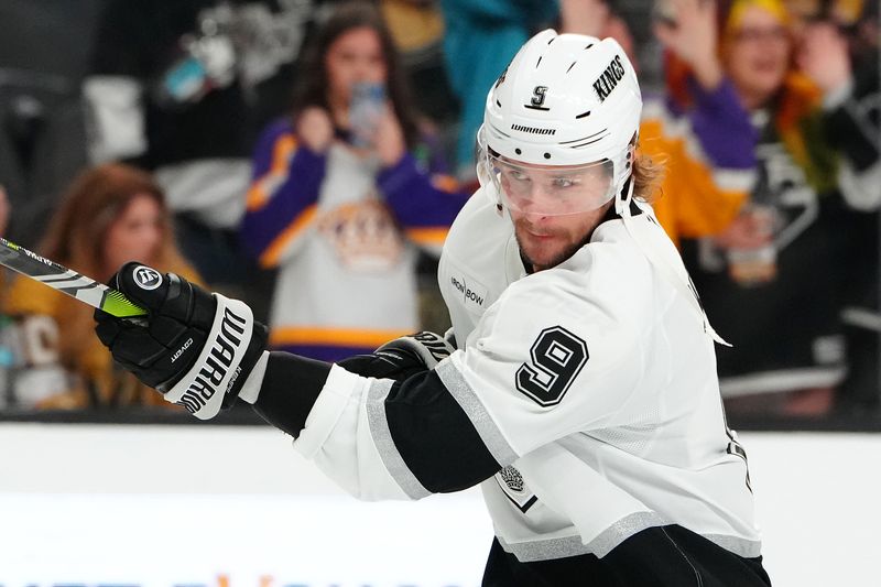 Oct 22, 2024; Las Vegas, Nevada, USA; Los Angeles Kings right wing Adrian Kempe (9) warms up before a game against the Vegas Golden Knights at T-Mobile Arena. Mandatory Credit: Stephen R. Sylvanie-Imagn Images