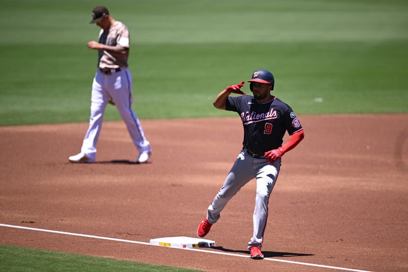 Jun 25, 2023; San Diego, California, USA; Washington Nationals third baseman Jeimer Candelario (9) rounds the bases after hitting a home run against the San Diego Padres during the first inning at Petco Park. Mandatory Credit: Orlando Ramirez-USA TODAY Sports