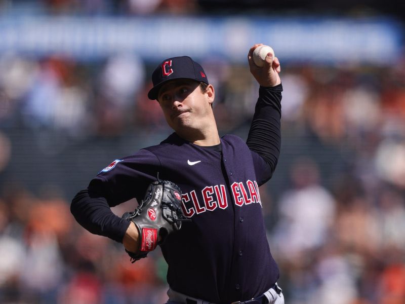 Sep 13, 2023; San Francisco, California, USA; Cleveland Guardians starting pitcher Logan Allen (41) throws a pitch during the first inning against the San Francisco Giants at Oracle Park. Mandatory Credit: Sergio Estrada-USA TODAY Sports