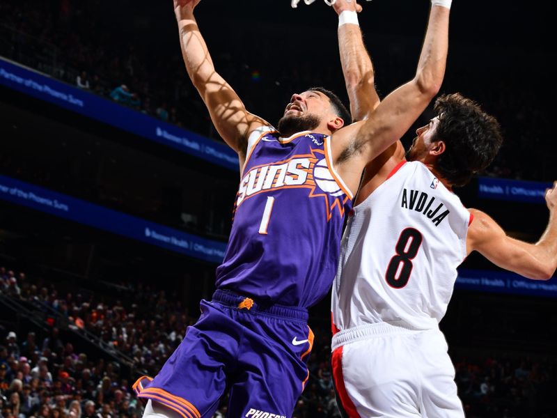 PHOENIX, AZ - NOVEMBER 2: Devin Booker #1 of the Phoenix Suns drives to the basket during the game against the Portland Trail Blazers on November 2, 2024 at Footprint Center in Phoenix, Arizona. NOTE TO USER: User expressly acknowledges and agrees that, by downloading and or using this photograph, user is consenting to the terms and conditions of the Getty Images License Agreement. Mandatory Copyright Notice: Copyright 2024 NBAE (Photo by Barry Gossage/NBAE via Getty Images)