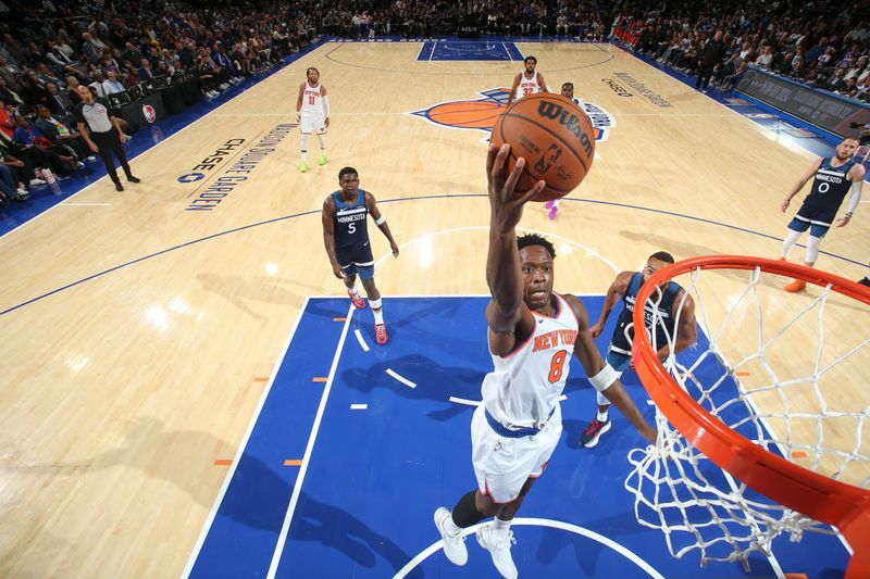 NEW YORK, NY - OCTOBER 13: OG Anunoby #8 of the New York Knicks shoots the ball during the game on October 13, 2024 at Madison Square Garden in New York City, New York.  NOTE TO USER: User expressly acknowledges and agrees that, by downloading and or using this photograph, User is consenting to the terms and conditions of the Getty Images License Agreement. Mandatory Copyright Notice: Copyright 2024 NBAE  (Photo by David L. Nemec/NBAE via Getty Images)