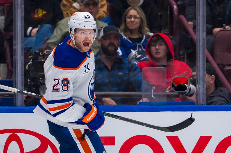 Nov 9, 2024; Vancouver, British Columbia, CAN; Edmonton Oilers forward Connor Brown (28) celebrates after scoring a goal against the Vancouver Canucks during the third period at Rogers Arena. Mandatory Credit: Bob Frid-Imagn Images