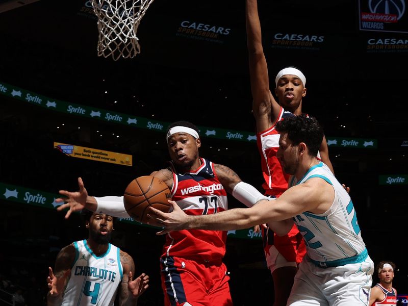 WASHINGTON, DC -? MARCH 8:  Vasilije Micic #22 of the Charlotte Hornets passes the ball during the game on March 8, 2024 at Capital One Arena in Washington, DC. NOTE TO USER: User expressly acknowledges and agrees that, by downloading and or using this Photograph, user is consenting to the terms and conditions of the Getty Images License Agreement. Mandatory Copyright Notice: Copyright 2024 NBAE (Photo by Stephen Gosling/NBAE via Getty Images)