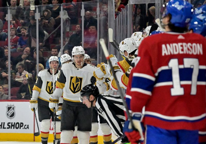 Nov 16, 2023; Montreal, Quebec, CAN;Vegas Golden Knights forward Brett Howden (21) celebrates with teammates after scoring a goal against the Montreal Canadiens during the second period at the Bell Centre. Mandatory Credit: Eric Bolte-USA TODAY Sports