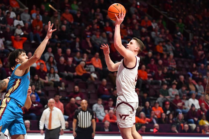 Feb 13, 2024; Blacksburg, Virginia, USA; Virginia Tech Hokies guard Sean Pedulla (3) shoots a shot during the second half at Cassell Coliseum. Mandatory Credit: Brian Bishop-USA TODAY Sports