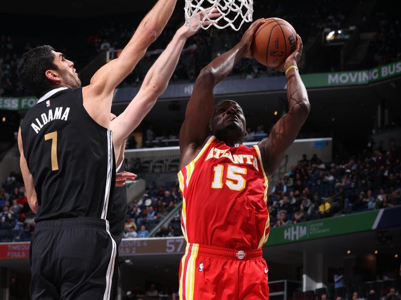 MEMPHIS, TN - MARCH 8: Clint Capela #15 of the Atlanta Hawks drives to the basket during the game against the Memphis Grizzlies on March 8, 2024 at FedExForum in Memphis, Tennessee. NOTE TO USER: User expressly acknowledges and agrees that, by downloading and or using this photograph, User is consenting to the terms and conditions of the Getty Images License Agreement. Mandatory Copyright Notice: Copyright 2024 NBAE (Photo by Joe Murphy/NBAE via Getty Images)