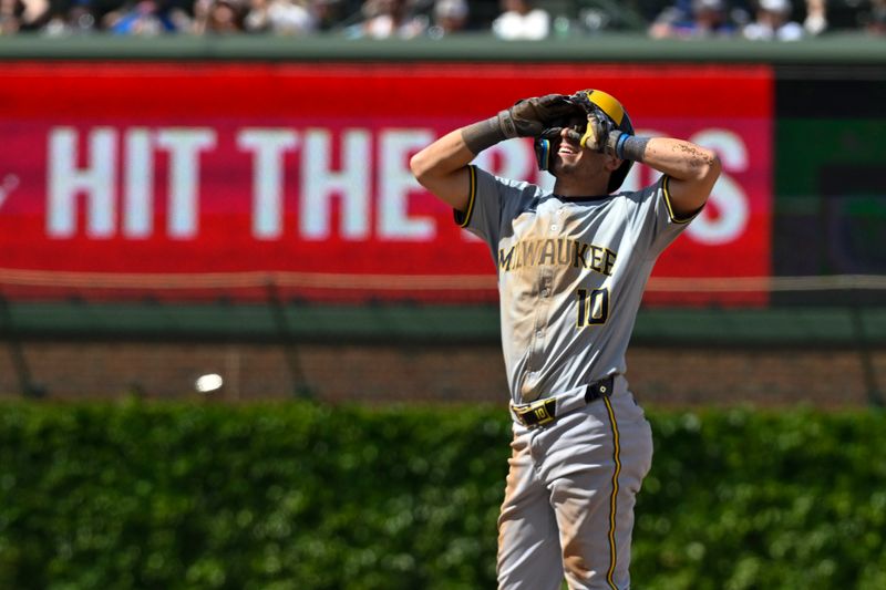 May 4, 2024; Chicago, Illinois, USA;  Milwaukee Brewers outfielder Sal Frelick (10) after hitting an RBI double against the Chicago Cubs during the seventh inning at Wrigley Field. Mandatory Credit: Matt Marton-USA TODAY Sports