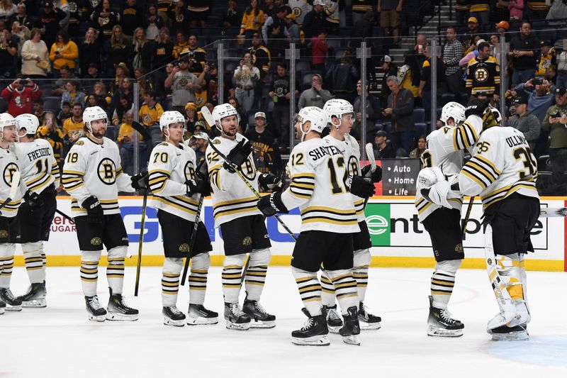 Apr 2, 2024; Nashville, Tennessee, USA; Boston Bruins goaltender Linus Ullmark (35) celebrates with teammates after a win against the Nashville Predators at Bridgestone Arena. Mandatory Credit: Christopher Hanewinckel-USA TODAY Sports