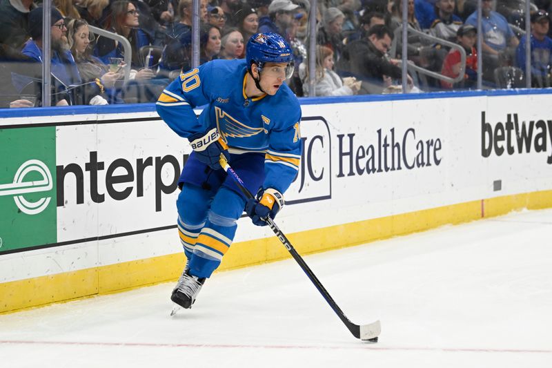 Nov 4, 2023; St. Louis, Missouri, USA; St. Louis Blues center Brayden Schenn (10) skates against the Montreal Canadiens during the first period at Enterprise Center. Mandatory Credit: Jeff Le-USA TODAY Sports