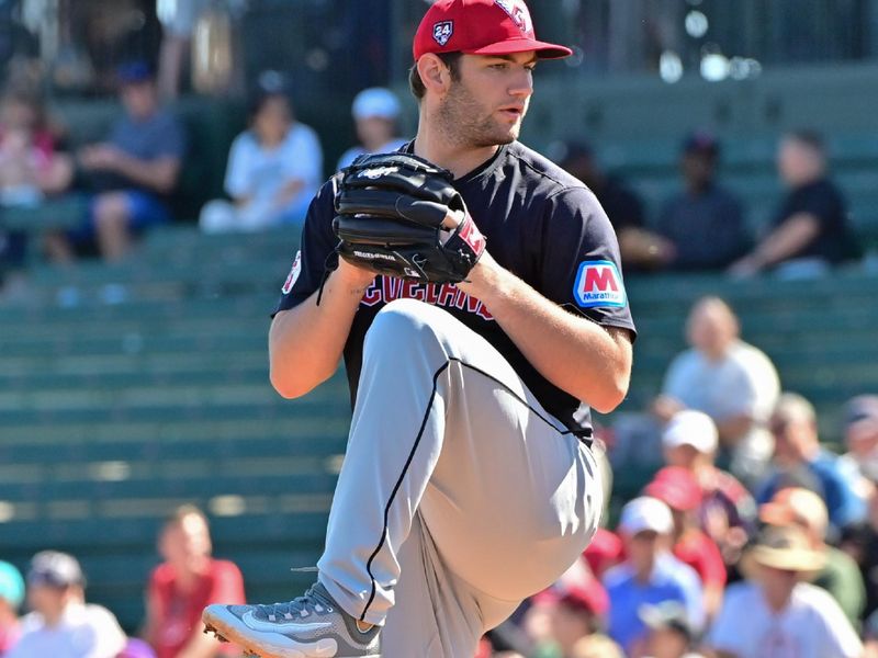 Feb 29, 2024; Tempe, Arizona, USA;  Cleveland Guardians starting pitcher Gavin Williams (32) throws in the first inning against the Los Angeles Angels during a spring training game at Tempe Diablo Stadium. Mandatory Credit: Matt Kartozian-USA TODAY Sports