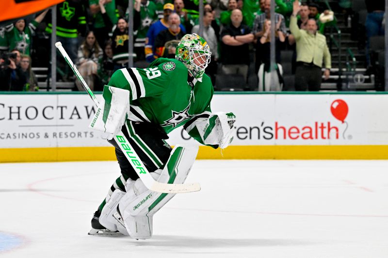 Apr 17, 2024; Dallas, Texas, USA; Dallas Stars goaltender Jake Oettinger (29) celebrates after the Stars defeat the St. Louis Blues during the overtime shootout at the American Airlines Center. Mandatory Credit: Jerome Miron-USA TODAY Sports