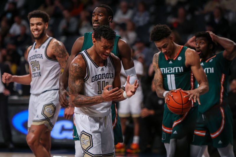 Jan 4, 2023; Atlanta, Georgia, USA; Georgia Tech Yellow Jackets forward Jalon Moore (14) reacts against the Miami Hurricanes in the second half at McCamish Pavilion. Mandatory Credit: Brett Davis-USA TODAY Sports
