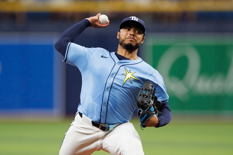 Jun 30, 2024; St. Petersburg, Florida, USA;  Tampa Bay Rays pitcher Taj Bradley (45) throws a pitch against the Washington Nationals in the first inning at Tropicana Field. Mandatory Credit: Nathan Ray Seebeck-USA TODAY Sports