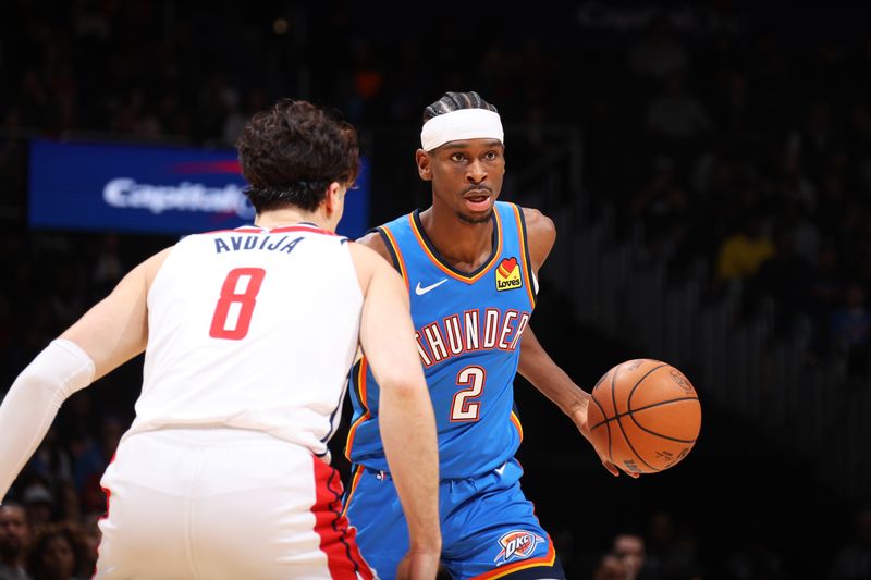 WASHINGTON, DC -? JANUARY 8: Shai Gilgeous-Alexander #2 of the Oklahoma City Thunder dribbles the ball during the game against the Washington Wizards on January 8, 2024 at Capital One Arena in Washington, DC. NOTE TO USER: User expressly acknowledges and agrees that, by downloading and or using this Photograph, user is consenting to the terms and conditions of the Getty Images License Agreement. Mandatory Copyright Notice: Copyright 2024 NBAE (Photo by Stephen Gosling/NBAE via Getty Images)