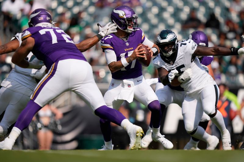 Minnesota Vikings quarterback Matt Corral looks to pass during the second half of a preseason NFL football game against the Philadelphia Eagles on Saturday, Aug. 24, 2024, in Philadelphia. (AP Photo/Matt Slocum)