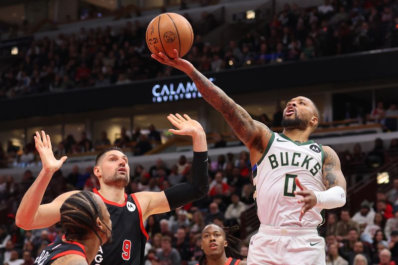 CHICAGO, ILLINOIS - MARCH 01: Damian Lillard #0 of the Milwaukee Bucks goes up for a layup against the Chicago Bulls during the first half at the United Center on March 01, 2024 in Chicago, Illinois. NOTE TO USER: User expressly acknowledges and agrees that, by downloading and or using this photograph, User is consenting to the terms and conditions of the Getty Images License Agreement. (Photo by Michael Reaves/Getty Images)