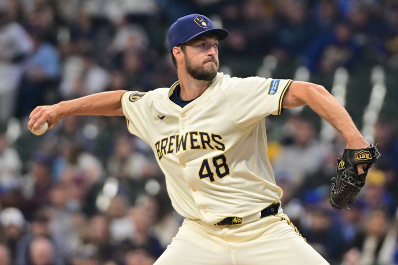 Apr 7, 2024; Milwaukee, Wisconsin, USA;  Milwaukee Brewers pitcher Colin Rea (48) throws a pitch in the first inning against the Seattle Mariners at American Family Field. Mandatory Credit: Benny Sieu-USA TODAY Sports