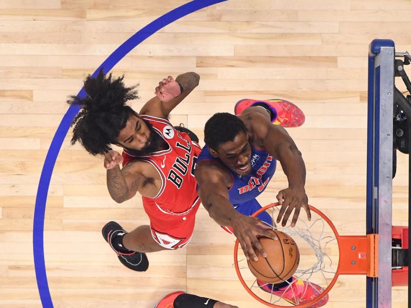 DETROIT, MI - APRIL 11: Jalen Duren #0 of the Detroit Pistons dunks the ball during the game against the Chicago Bulls on April 11, 2024 at Little Caesars Arena in Detroit, Michigan. NOTE TO USER: User expressly acknowledges and agrees that, by downloading and/or using this photograph, User is consenting to the terms and conditions of the Getty Images License Agreement. Mandatory Copyright Notice: Copyright 2024 NBAE (Photo by Chris Schwegler/NBAE via Getty Images)