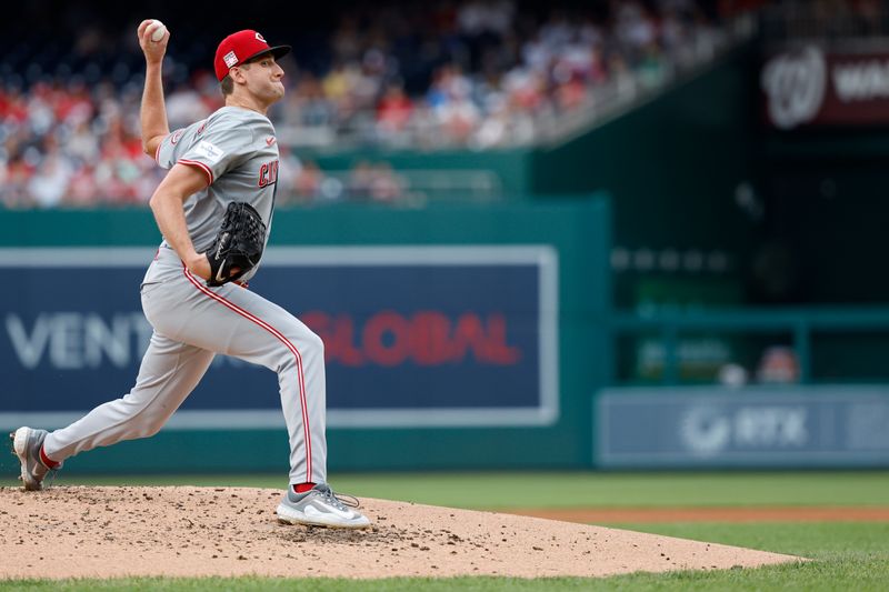 Jul 20, 2024; Washington, District of Columbia, USA; Cincinnati Reds starting pitcher Nick Lodolo (40) pitches against the Washington Nationals during the first inning at Nationals Park. Mandatory Credit: Geoff Burke-USA TODAY Sports