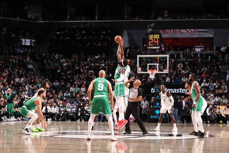 BROOKLYN, NY - NOVEMBER 13: Tip Off during the game between the Boston Celtics and the Brooklyn Nets on November 13, 2024 at Barclays Center in Brooklyn, New York. NOTE TO USER: User expressly acknowledges and agrees that, by downloading and or using this Photograph, user is consenting to the terms and conditions of the Getty Images License Agreement. Mandatory Copyright Notice: Copyright 2024 NBAE (Photo by Jeff Haynes/NBAE via Getty Images)